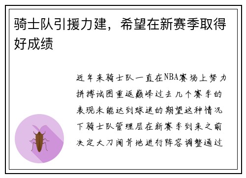 骑士队引援力建,希望在新赛季取得好成绩